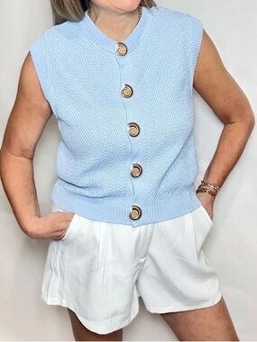 Zara - Light Blue Knit Shell Button-Front Sleeveless Sweater Vest